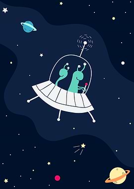 Aliens in Spaceship Cartoon Illustration