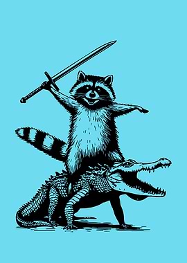 Raccoon riding alligator with sword