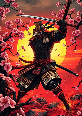 Samurai Warrior with Sword and Cherry Blossoms