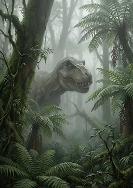 Tyrannosaurus Rex in Misty Jungle