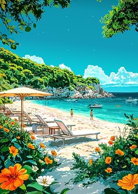 Tropical Beach Paradise with Lounge Chairs