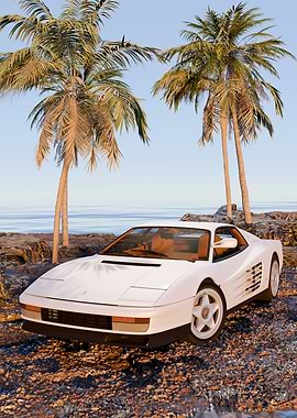 White Ferrari on Tropical Beach
