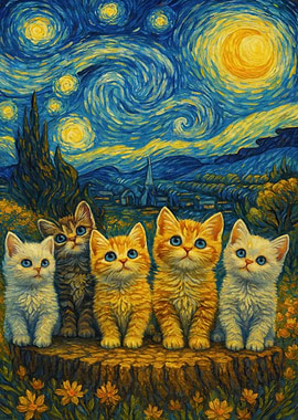 Kittens in Starry Night Style