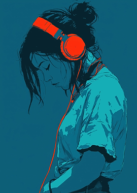 Girl with Headphones in Blue and Orange
