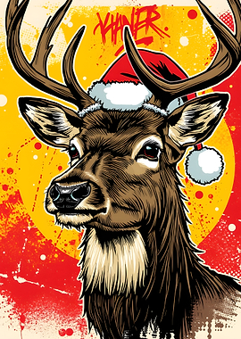Christmas Deer with Santa Hat Illustration