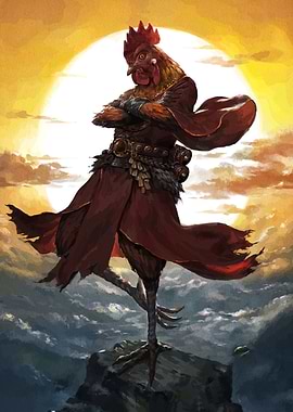 Anthropomorphic Rooster Warrior on Mountain Peak