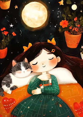 Girl and Cat Under Moonlight