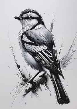 Monochrome Bird on Branch Illustration