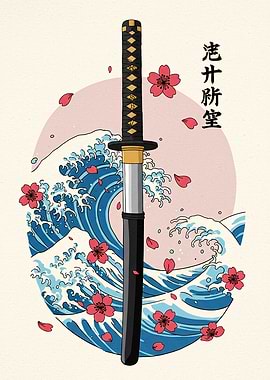 Katana with Waves and Cherry Blossoms