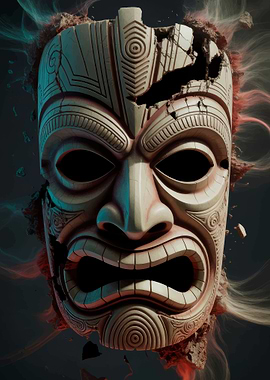 Cracked Tribal Mask with Angry Expression