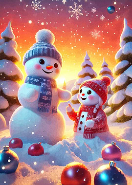 Snowman Family Christmas Scene