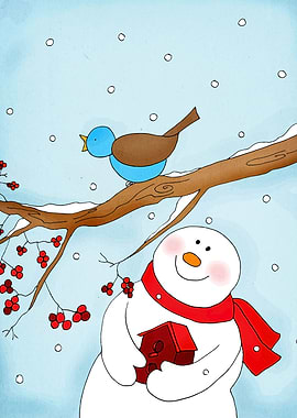Snowman and Birdhouse Winter Scene