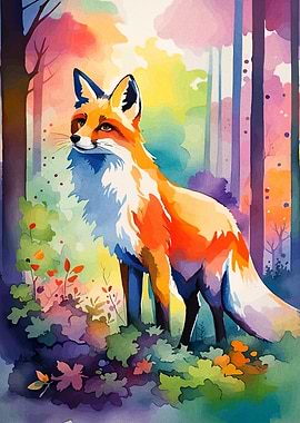 Watercolor Fox in Colorful Forest