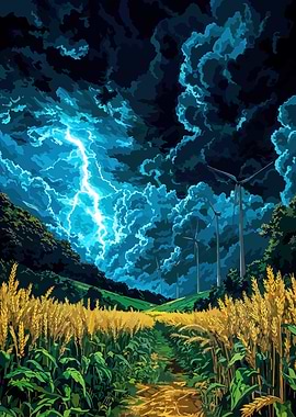 Wheat Field Lightning Storm Wind Turbines