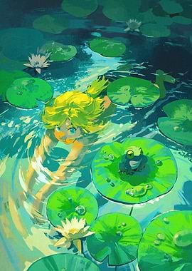 Girl swimming lily pond