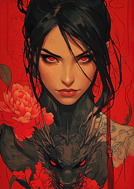 Red-Eyed Woman with Dragon Art