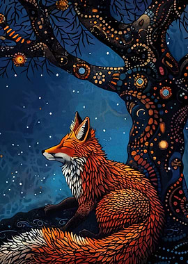 Fox Resting Under Decorated Tree