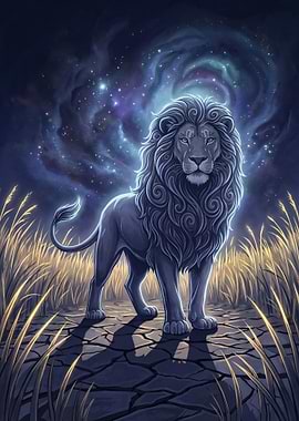 Lion under starry night sky