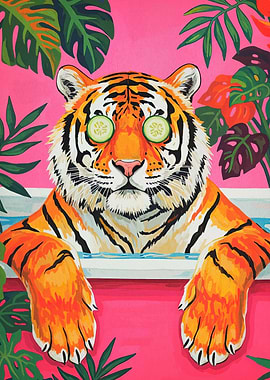 Relaxing Tiger in Bathtub with Cucumbers