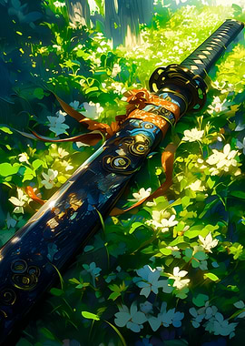 Katana in a field of flowers