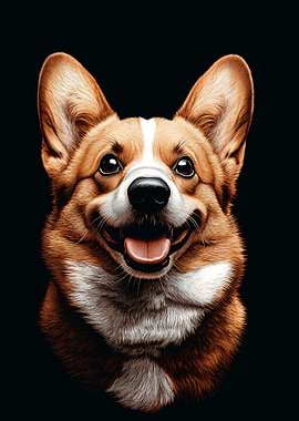 Smiling Corgi Portrait on Black Background