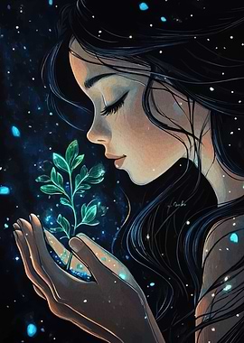Woman Holding Plant in Starry Night