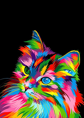 Colorful Cat Portrait on Black Background