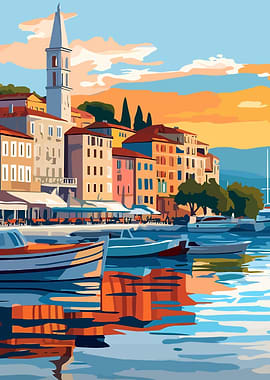 Coastal Town with Boats and Reflections