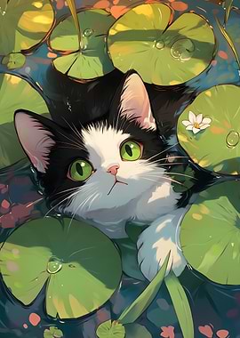 Cat in Lily Pond
