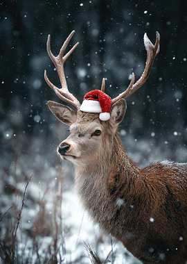 Deer with Santa Hat in Snow