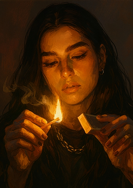Woman Lighting Match in Dark Painting