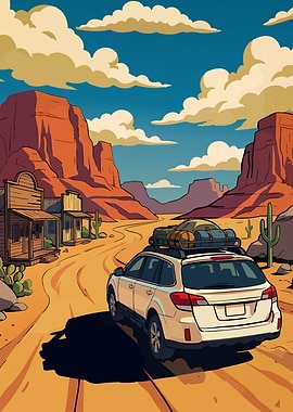 Desert Road Trip Cartoon Illustration