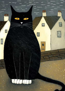 Black Cat in Village Painting