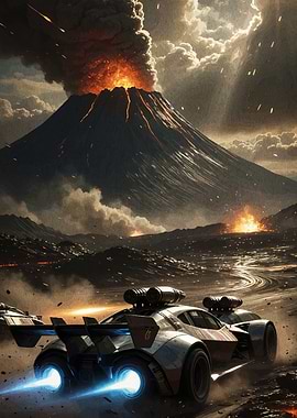 Futuristic Race Cars Volcano Landscape