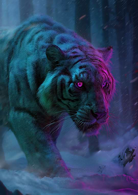 Cyberpunk Tiger in Snowy Forest