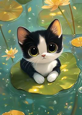 Cute Kitten on Lily Pad