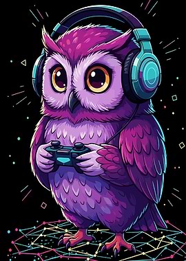 Gamer Owl with Headphones and Controller