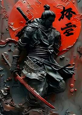 Samurai Warrior with Red Moon