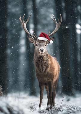 Deer with Santa Hat in Snow