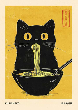 Ramen Cat Kuro Neko Print