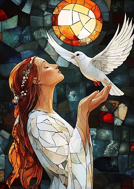 Woman with Dove Stained Glass Art