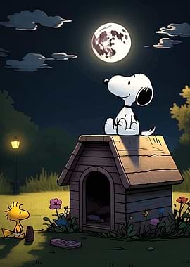 Snoopy and Woodstock under the Moon
