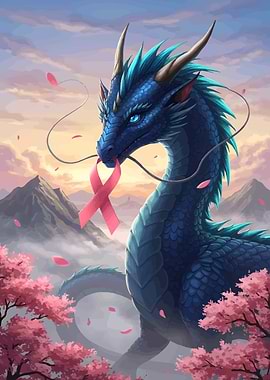 Blue Dragon with Pink Ribbon