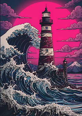 Lighthouse and Wave with Pink Sky