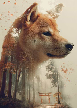 Shiba Inu and Forest Double Exposure