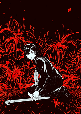 Anime Girl in Red Spider Lily Field