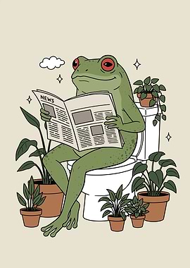 Frog reading newspaper on toilet