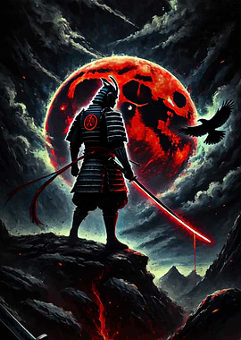 Samurai Warrior with Red Moon