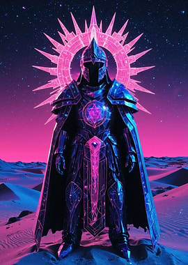 Neon Vaporwave Knight in Luminous Armor — Synthwave Fantasy Poster