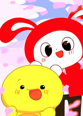 Cute Cartoon Characters with Cherry Blossoms